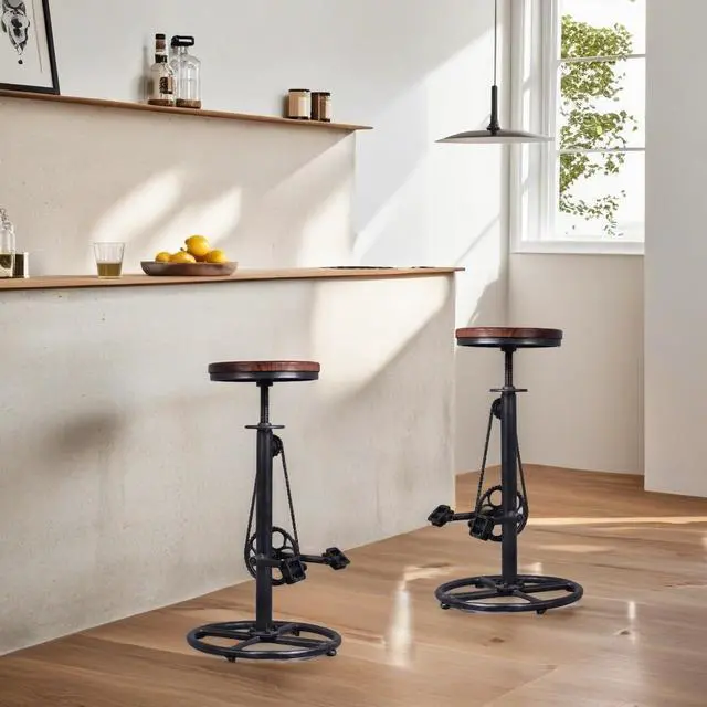 Alt view image 5 of 7 - Set of 2 Industrial Bar Stool-Swivel Vintage Coffee Kitchen Dining Island Chair-Bike Pedal Footrest-Extra Tall Pub Height Adjustable 29-37"