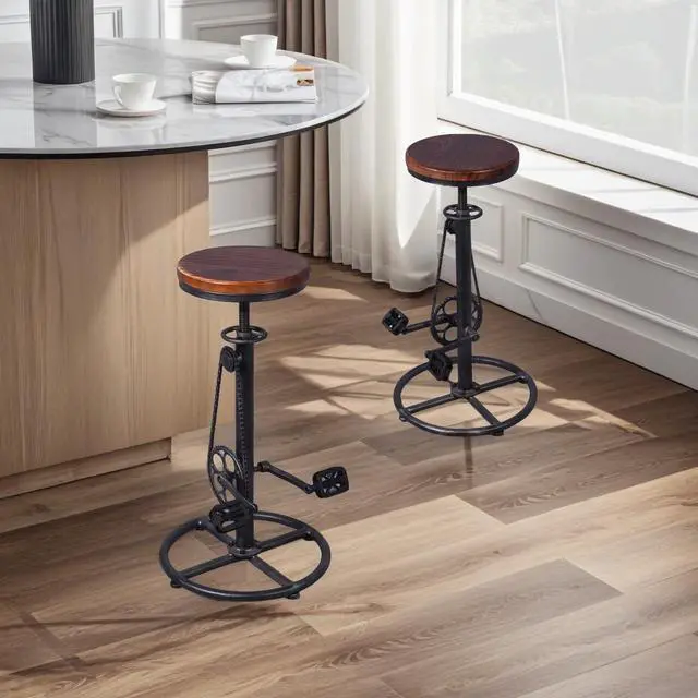 Alt view image 6 of 7 - Set of 2 Industrial Bar Stool-Swivel Vintage Coffee Kitchen Dining Island Chair-Bike Pedal Footrest-Extra Tall Pub Height Adjustable 29-37"