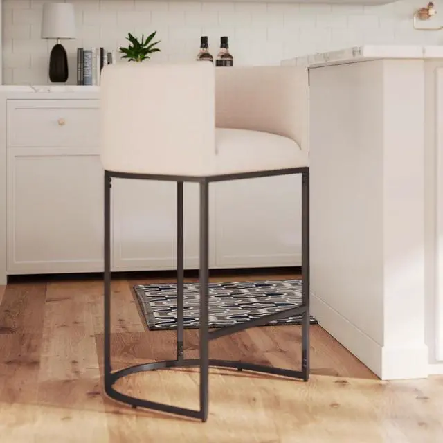 Main image of HNY Modern Counter Height Linen Fabric Cream Upholstered Counter Stool, 29 Inch Kitchen Island Stool with Black Tubular Frame