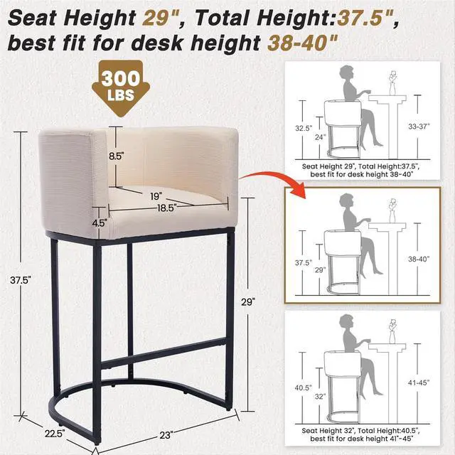 Alt view image 2 of 7 - HNY Modern Counter Height Linen Fabric Cream Upholstered Counter Stool, 29 Inch Kitchen Island Stool with Black Tubular Frame