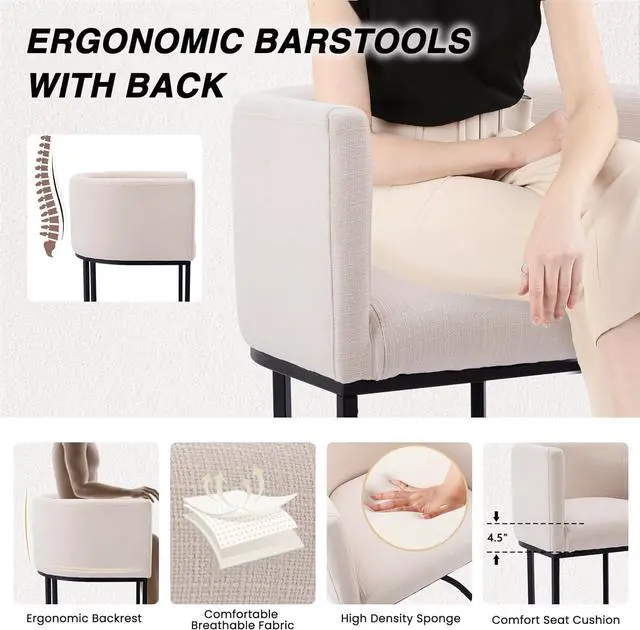 Alt view image 4 of 7 - HNY Modern Counter Height Linen Fabric Cream Upholstered Counter Stool, 29 Inch Kitchen Island Stool with Black Tubular Frame