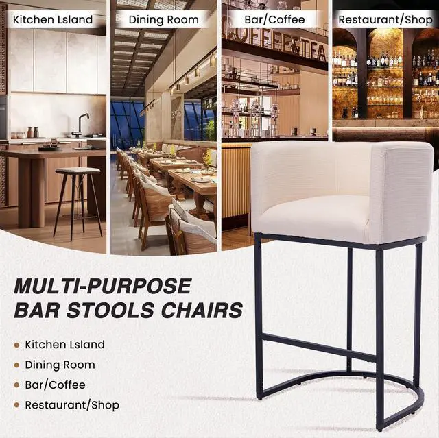 Alt view image 5 of 7 - HNY Modern Counter Height Linen Fabric Cream Upholstered Counter Stool, 29 Inch Kitchen Island Stool with Black Tubular Frame