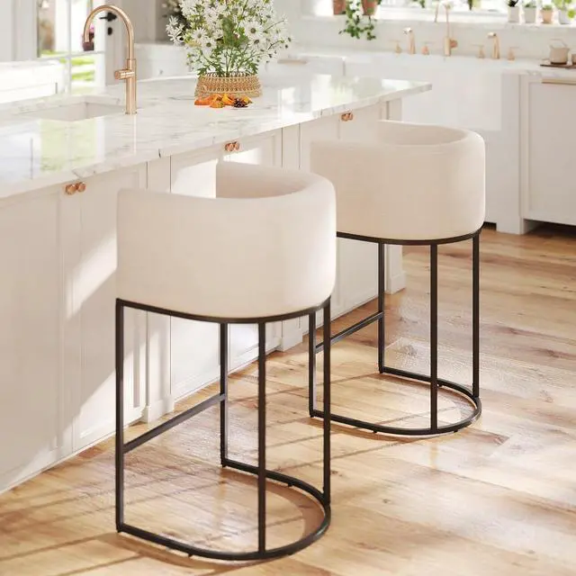 Alt view image 7 of 7 - HNY Modern Counter Height Linen Fabric Cream Upholstered Counter Stool, 29 Inch Kitchen Island Stool with Black Tubular Frame