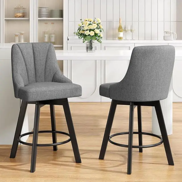 Main image of Swivel Bar Stools with Backs, 24" Counter Height Bar Stools Set of 2, Fabric Upholstered Counter Barstools with Solid Wood Legs for Kitchen Island, Home Bar, Dark Gray