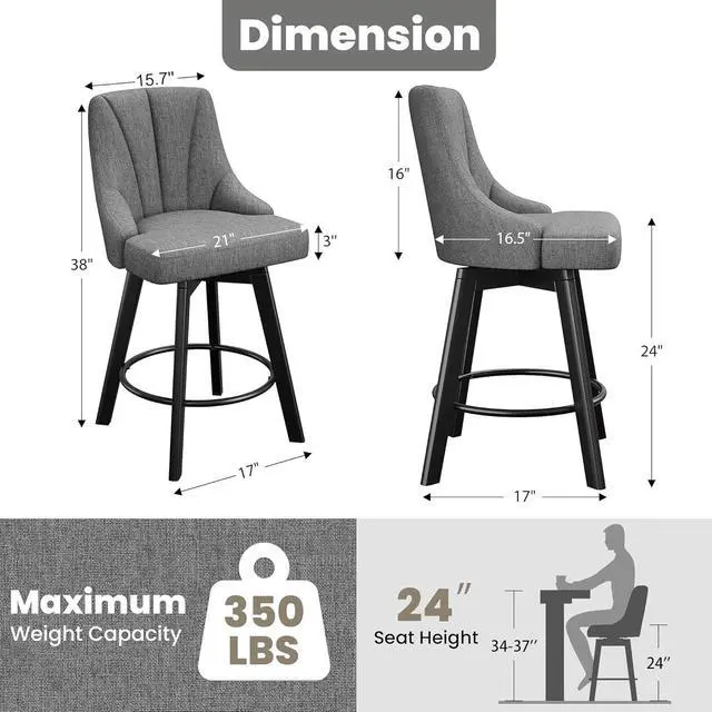 Alt view image 2 of 7 - Swivel Bar Stools with Backs, 24" Counter Height Bar Stools Set of 2, Fabric Upholstered Counter Barstools with Solid Wood Legs for Kitchen Island, Home Bar, Dark Gray