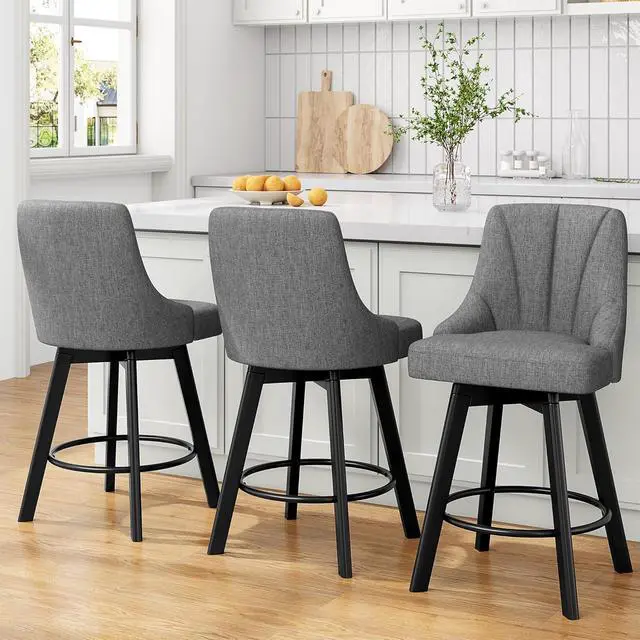 Alt view image 3 of 7 - Swivel Bar Stools with Backs, 24" Counter Height Bar Stools Set of 2, Fabric Upholstered Counter Barstools with Solid Wood Legs for Kitchen Island, Home Bar, Dark Gray