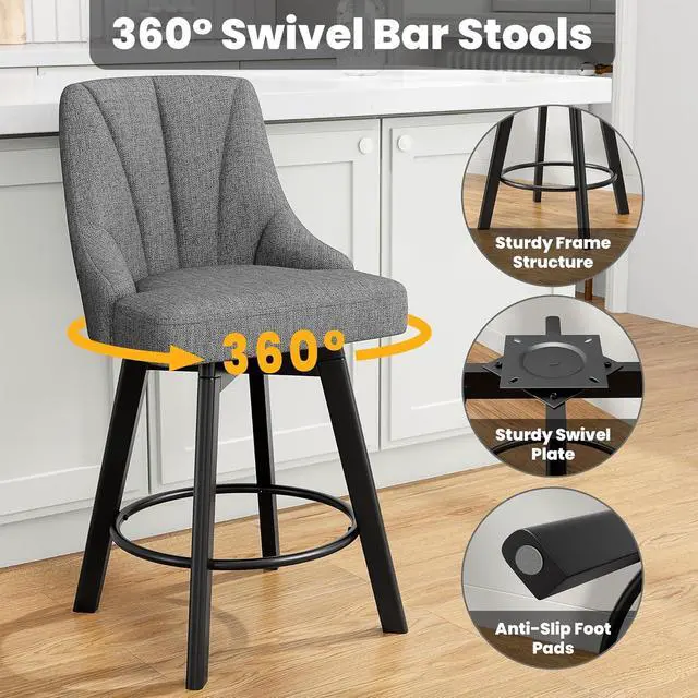 Alt view image 4 of 7 - Swivel Bar Stools with Backs, 24" Counter Height Bar Stools Set of 2, Fabric Upholstered Counter Barstools with Solid Wood Legs for Kitchen Island, Home Bar, Dark Gray