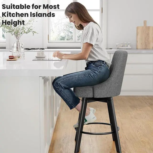 Alt view image 6 of 7 - Swivel Bar Stools with Backs, 24" Counter Height Bar Stools Set of 2, Fabric Upholstered Counter Barstools with Solid Wood Legs for Kitchen Island, Home Bar, Dark Gray