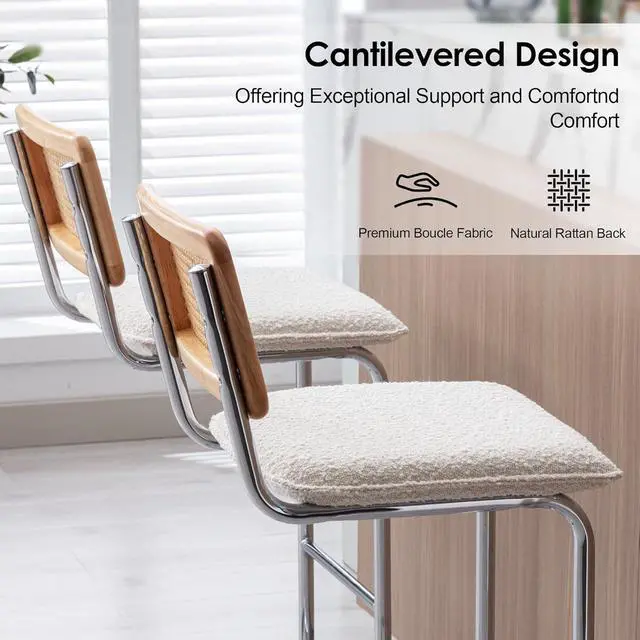 Alt view image 3 of 7 - ONEVOG Boucle Rattan Bar Stools Set of 2, 29'' Bar Height Stools with Natural Cane Back, Solid Wood Frame Bar Chairs with Chrome Legs, Cantilevered Design Upholstered Stools, White