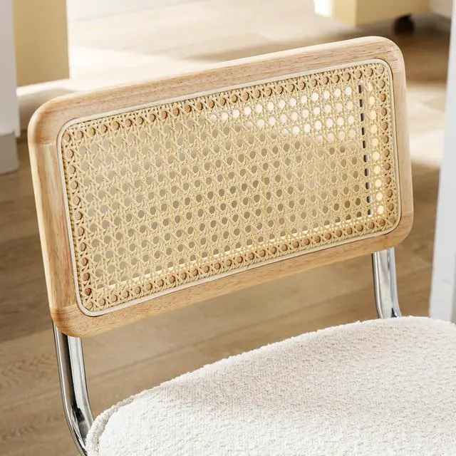 Alt view image 5 of 7 - ONEVOG Boucle Rattan Bar Stools Set of 2, 29'' Bar Height Stools with Natural Cane Back, Solid Wood Frame Bar Chairs with Chrome Legs, Cantilevered Design Upholstered Stools, White