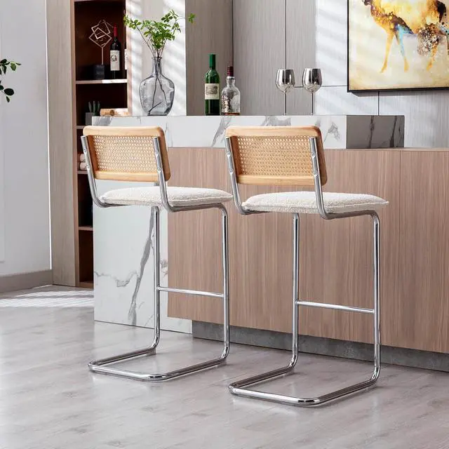 Alt view image 7 of 7 - ONEVOG Boucle Rattan Bar Stools Set of 2, 29'' Bar Height Stools with Natural Cane Back, Solid Wood Frame Bar Chairs with Chrome Legs, Cantilevered Design Upholstered Stools, White