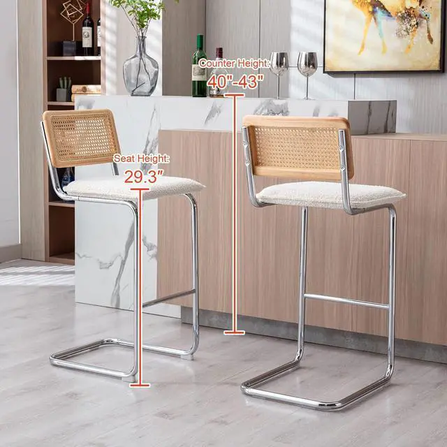 Alt view image 6 of 7 - ONEVOG Boucle Rattan Bar Stools Set of 2, 29'' Bar Height Stools with Natural Cane Back, Solid Wood Frame Bar Chairs with Chrome Legs, Cantilevered Design Upholstered Stools, White