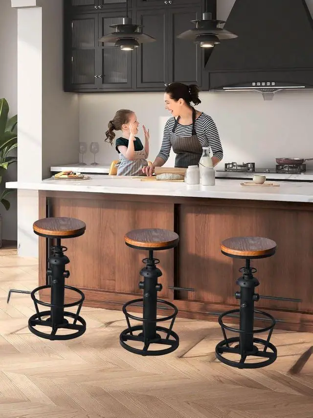 Alt view image 2 of 6 - Industrial Bar Stools Kitchen Island Dining Chairs Swivel Wooden Seat Bar Counter Height Adjustable 25-31inch