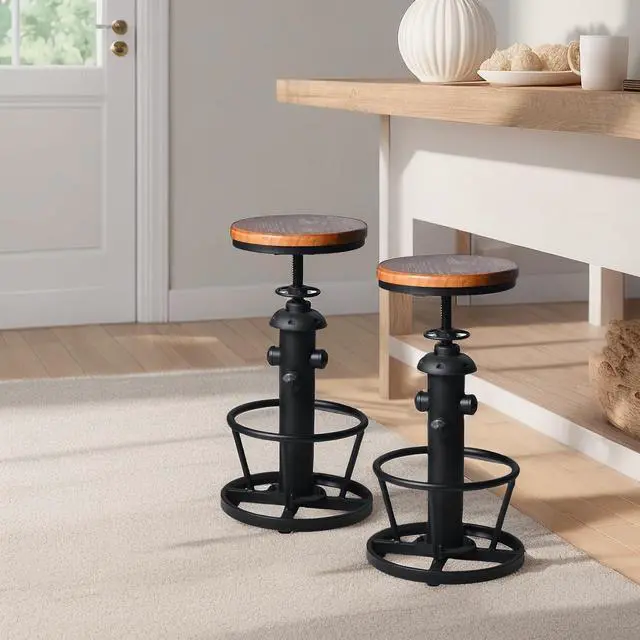Alt view image 6 of 6 - Industrial Bar Stools Kitchen Island Dining Chairs Swivel Wooden Seat Bar Counter Height Adjustable 25-31inch