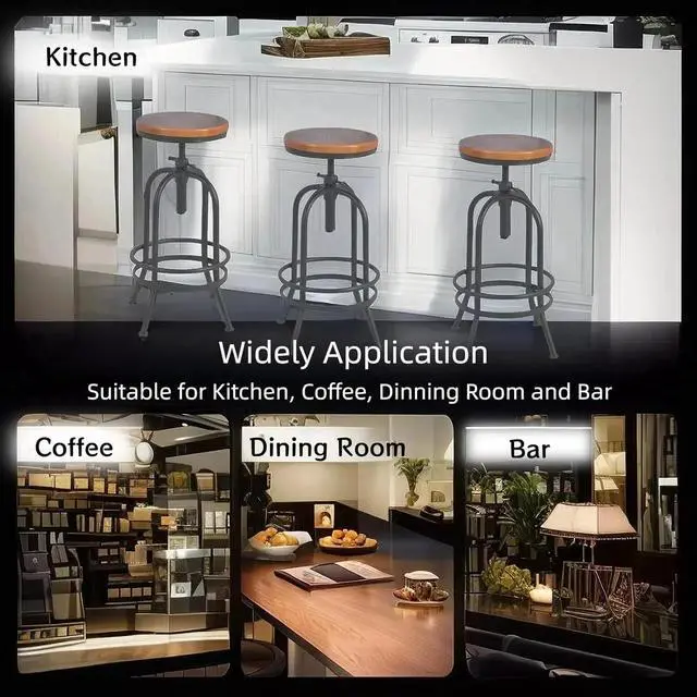 Alt view image 4 of 6 - Set of 2-Industrial Bar Stool-Retro 26-32.3inch Swivel Stools-Extra Tall Kitchen Chair-Bar Counter Height Adjustable-Fully Welded (Black 2PCS)