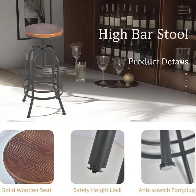 Alt view image 3 of 6 - Set of 2-Industrial Bar Stool-Retro 26-32.3inch Swivel Stools-Extra Tall Kitchen Chair-Bar Counter Height Adjustable-Fully Welded (Black 2PCS)