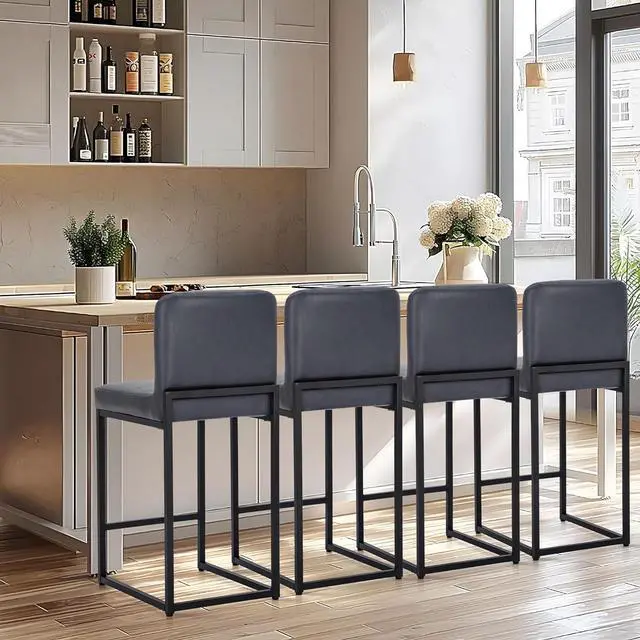 Alt view image 3 of 7 - ALPHA HOME 24 Inch Bar Stools Set of 2 Kitchen Counter Stools with Back Pu Leather Counter Chair Counter Height Bar Stools with Upholstered Footrest Sturdy Chromed Metal Steel Frame, Midnight Blue