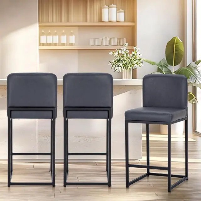 Alt view image 5 of 7 - ALPHA HOME 24 Inch Bar Stools Set of 2 Kitchen Counter Stools with Back Pu Leather Counter Chair Counter Height Bar Stools with Upholstered Footrest Sturdy Chromed Metal Steel Frame, Midnight Blue