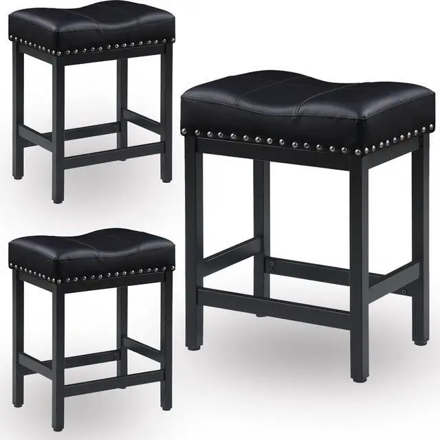 Main image of KORZEY Bar Stools Set of 3, 24" Counter Height Bar Stools, Pu Leather Barstools Metal Frame for Kitchen Island, Saddle Barstools with Nailhead Trim, Black