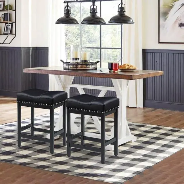 Alt view image 4 of 7 - KORZEY Bar Stools Set of 3, 24" Counter Height Bar Stools, Pu Leather Barstools Metal Frame for Kitchen Island, Saddle Barstools with Nailhead Trim, Black