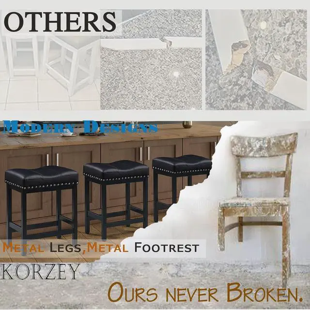Alt view image 5 of 7 - KORZEY Bar Stools Set of 3, 24" Counter Height Bar Stools, Pu Leather Barstools Metal Frame for Kitchen Island, Saddle Barstools with Nailhead Trim, Black