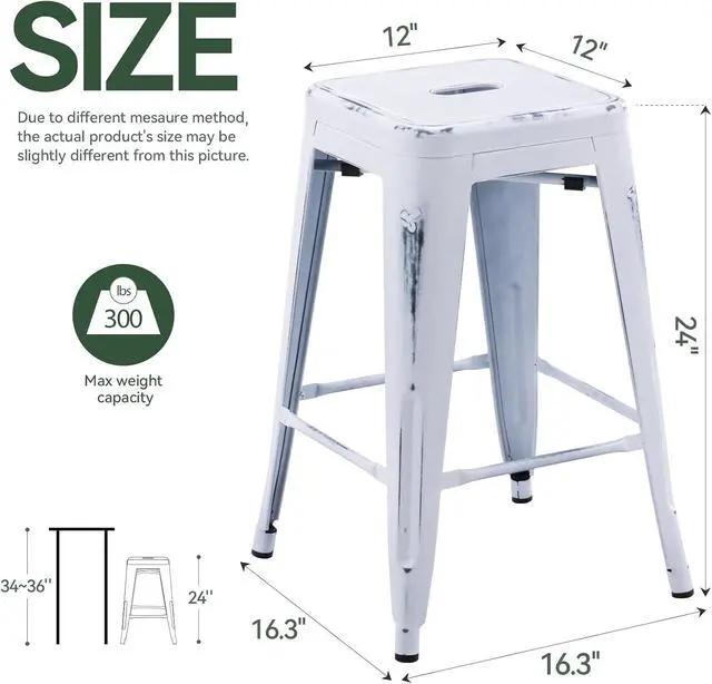 Alt view image 3 of 7 - Vogue Furniture Direct 24 Inch Metal Bar Stools, Backless Counter Height Barstools, Indoor Outdoor Stackable Stools with Square Seat, Set of 4 (Distressed White)