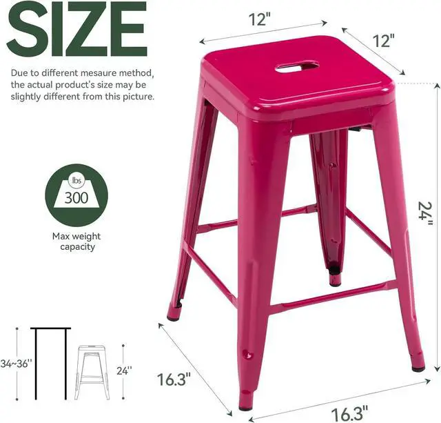 Alt view image 3 of 7 - Vogue Furniture Direct 24 Inch Metal Bar Stools, Backless Counter Height Barstools, Indoor Outdoor Stackable Stools with Square Seat, Set of 2 (Hot Pink)