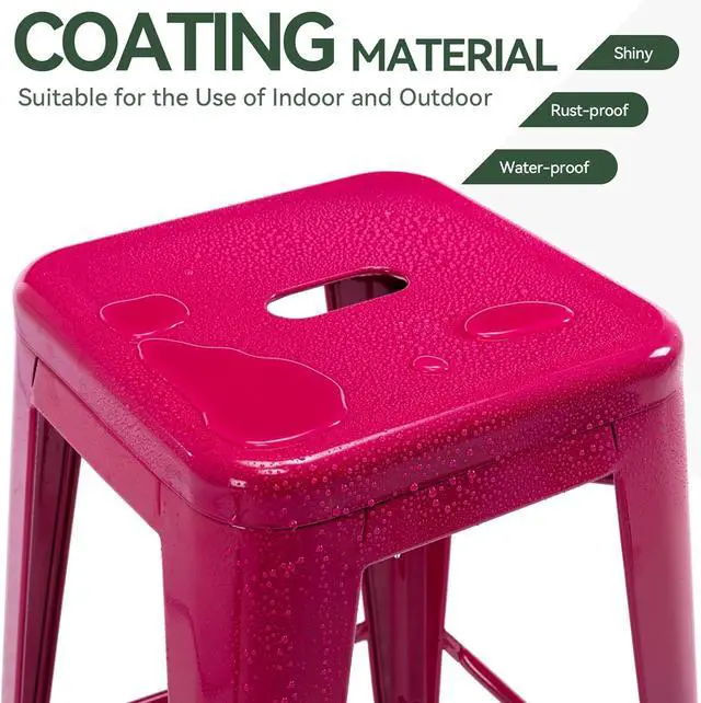 Alt view image 4 of 7 - Vogue Furniture Direct 24 Inch Metal Bar Stools, Backless Counter Height Barstools, Indoor Outdoor Stackable Stools with Square Seat, Set of 2 (Hot Pink)