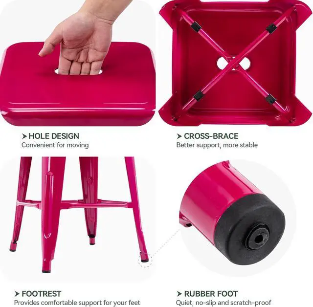 Alt view image 5 of 7 - Vogue Furniture Direct 24 Inch Metal Bar Stools, Backless Counter Height Barstools, Indoor Outdoor Stackable Stools with Square Seat, Set of 2 (Hot Pink)