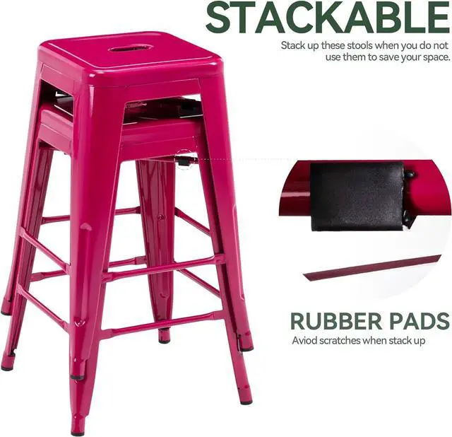 Alt view image 6 of 7 - Vogue Furniture Direct 24 Inch Metal Bar Stools, Backless Counter Height Barstools, Indoor Outdoor Stackable Stools with Square Seat, Set of 2 (Hot Pink)