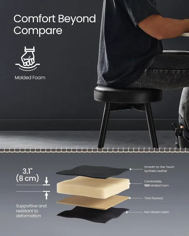 Alt view image 6 of 7 - VASAGLE EKHO Collection - Dining Chairs Stools Set of 4, Upholstered Kitchen Chairs, Vanity Stools, Synthetic Leather with Stitching, Mid-Century Modern, 19-Inch Tall, Easy Assembly, Ink Black