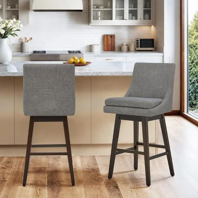 Alt view image 2 of 7 - CHITA Bar Height Swivel Barstool with Back Set of 2, FSC Certified Upholstered Bar Stool, 30.7" H Seat Height, Fabric in Fog