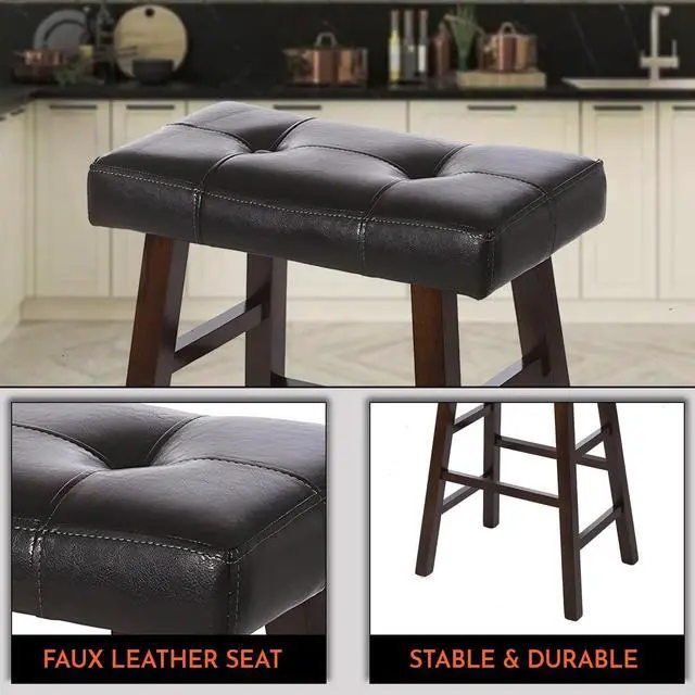 Alt view image 5 of 7 - Legacy Decor 4 Counter Bar Stool Set - 29" High Dark Espresso Stools with Bonded Faux Leather Seat - Solid Wood Modern Countertop Stools - Ideal for Kitchen Island & Bar Areas