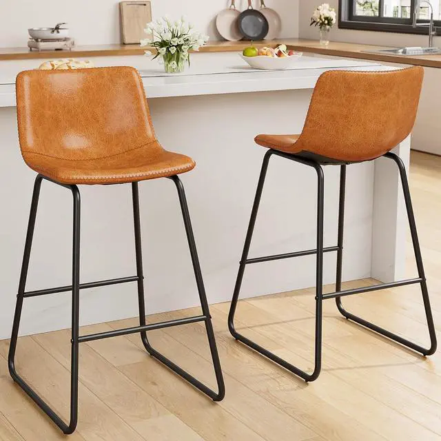Alt view image 2 of 7 - Bar Stools Set of 4, PU Leather Counter Height Bar Stools, 26" Modern Barstools with Metal Legs and Footrest, Urban Armless Dining Chairs with Backrest for Kitchen Island (Brown)