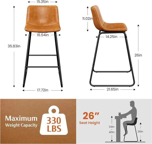 Alt view image 3 of 7 - Bar Stools Set of 4, PU Leather Counter Height Bar Stools, 26" Modern Barstools with Metal Legs and Footrest, Urban Armless Dining Chairs with Backrest for Kitchen Island (Brown)