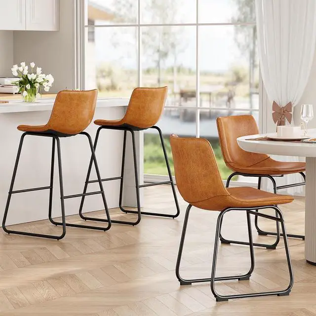 Alt view image 4 of 7 - Bar Stools Set of 4, PU Leather Counter Height Bar Stools, 26" Modern Barstools with Metal Legs and Footrest, Urban Armless Dining Chairs with Backrest for Kitchen Island (Brown)