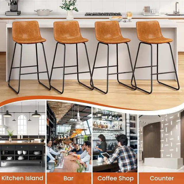 Alt view image 5 of 7 - Bar Stools Set of 4, PU Leather Counter Height Bar Stools, 26" Modern Barstools with Metal Legs and Footrest, Urban Armless Dining Chairs with Backrest for Kitchen Island (Brown)