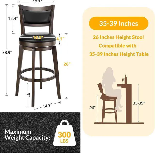 Alt view image 3 of 7 - PrimeZone Swivel Bar Stools Set of 2, 26 Inch Counter Height Barstools, Black Faux Leather Bar Stool with High Backrest & Solid Wood Legs & Wrap-around Footrest, Counter Stools for Kitchen Island, Pub