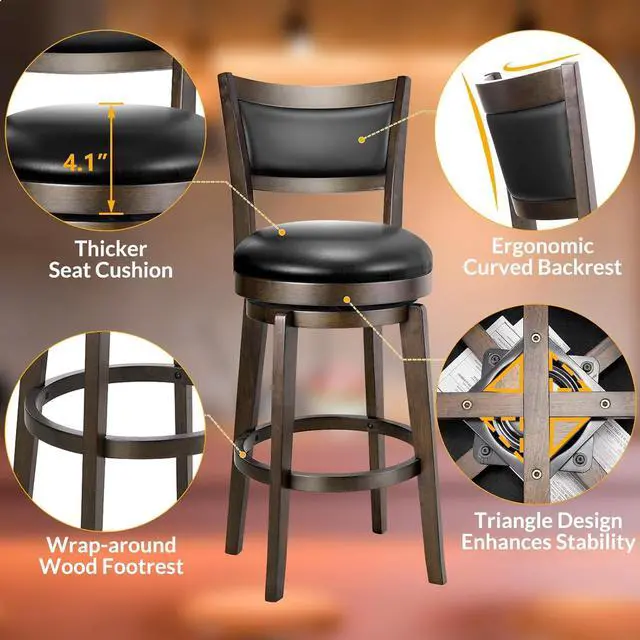 Alt view image 5 of 7 - PrimeZone Swivel Bar Stools Set of 2, 26 Inch Counter Height Barstools, Black Faux Leather Bar Stool with High Backrest & Solid Wood Legs & Wrap-around Footrest, Counter Stools for Kitchen Island, Pub