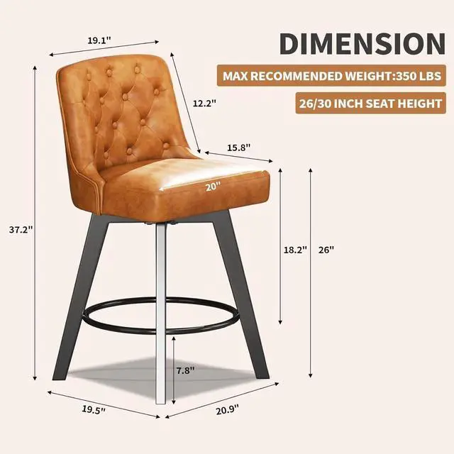 Alt view image 2 of 7 - MINCETA Bar Stools Set of 2, PU Leather Barstools, 26 Inch Upholstered Counter Stools with Low Tufted Back and Footrest, Swivel Counter Height Barstools for Kitchen Island Home Bar Brown