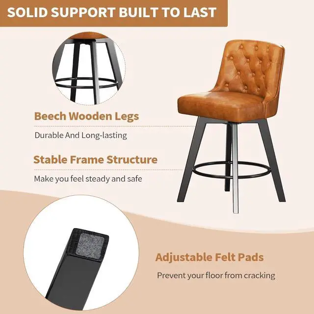 Alt view image 4 of 7 - MINCETA Bar Stools Set of 2, PU Leather Barstools, 26 Inch Upholstered Counter Stools with Low Tufted Back and Footrest, Swivel Counter Height Barstools for Kitchen Island Home Bar Brown