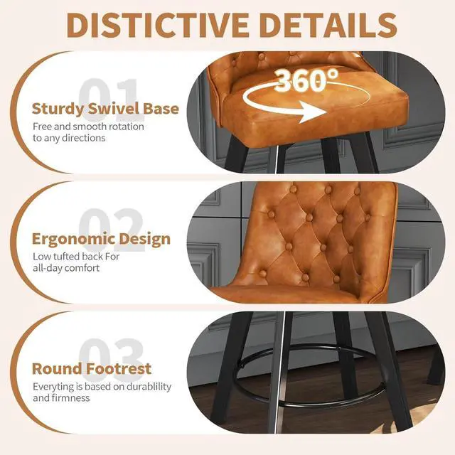 Alt view image 5 of 7 - MINCETA Bar Stools Set of 2, PU Leather Barstools, 26 Inch Upholstered Counter Stools with Low Tufted Back and Footrest, Swivel Counter Height Barstools for Kitchen Island Home Bar Brown