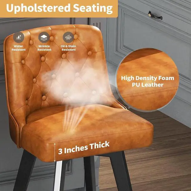 Alt view image 6 of 7 - MINCETA Bar Stools Set of 2, PU Leather Barstools, 26 Inch Upholstered Counter Stools with Low Tufted Back and Footrest, Swivel Counter Height Barstools for Kitchen Island Home Bar Brown