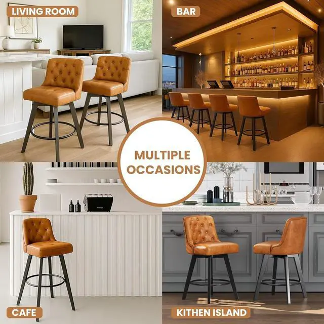 Alt view image 7 of 7 - MINCETA Bar Stools Set of 2, PU Leather Barstools, 26 Inch Upholstered Counter Stools with Low Tufted Back and Footrest, Swivel Counter Height Barstools for Kitchen Island Home Bar Brown