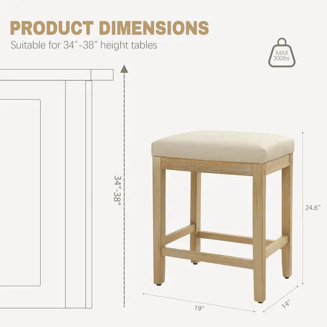 Alt view image 2 of 7 - Counter Height Bar Stools Set of 3 for Kitchen Counter Farmhouse Modern Backless Barstools with Faux Leather Upholstered Seat and Solid Wood Legs 24 inch Bar Chairs, Khaki + Wood Color