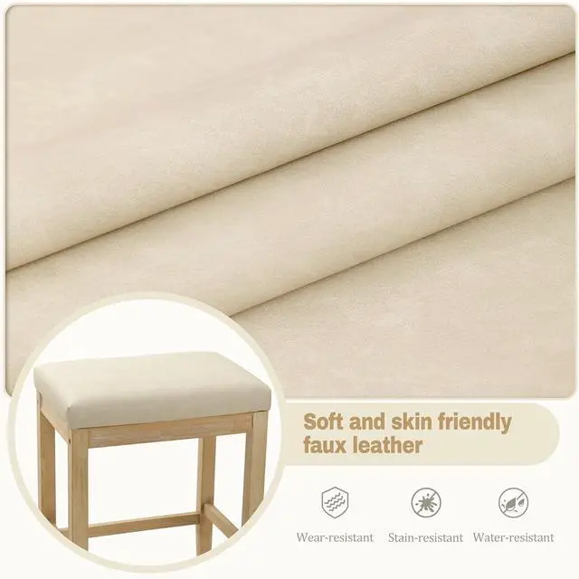 Alt view image 4 of 7 - Counter Height Bar Stools Set of 3 for Kitchen Counter Farmhouse Modern Backless Barstools with Faux Leather Upholstered Seat and Solid Wood Legs 24 inch Bar Chairs, Khaki + Wood Color