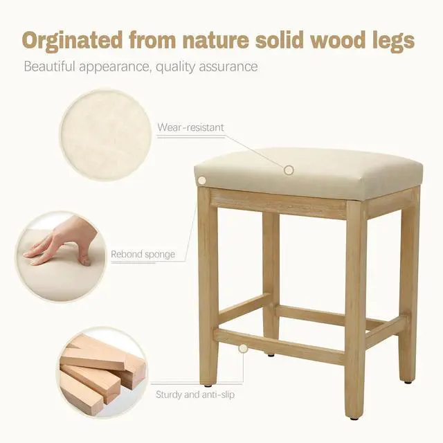 Alt view image 5 of 7 - Counter Height Bar Stools Set of 3 for Kitchen Counter Farmhouse Modern Backless Barstools with Faux Leather Upholstered Seat and Solid Wood Legs 24 inch Bar Chairs, Khaki + Wood Color