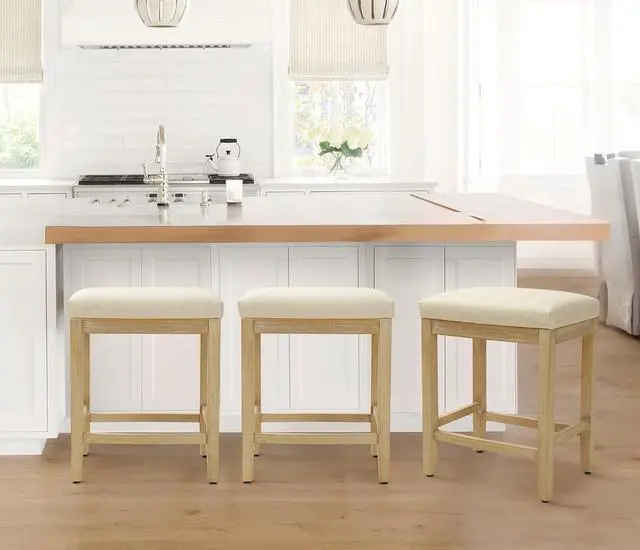 Alt view image 6 of 7 - Counter Height Bar Stools Set of 3 for Kitchen Counter Farmhouse Modern Backless Barstools with Faux Leather Upholstered Seat and Solid Wood Legs 24 inch Bar Chairs, Khaki + Wood Color