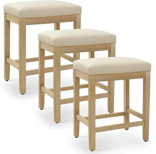 Alt view image 7 of 7 - Counter Height Bar Stools Set of 3 for Kitchen Counter Farmhouse Modern Backless Barstools with Faux Leather Upholstered Seat and Solid Wood Legs 24 inch Bar Chairs, Khaki + Wood Color