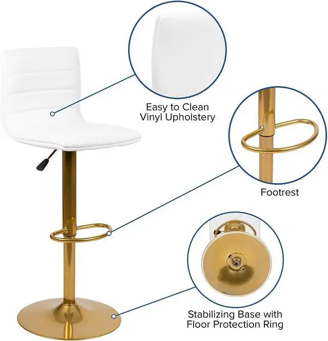 Alt view image 5 of 7 - Flash Furniture Vincent Modern Vinyl Height Adjustable Bar Stools, Stylish Counter or Bar Height Swivel Stools with Footrests, Set of 2, White/Gold